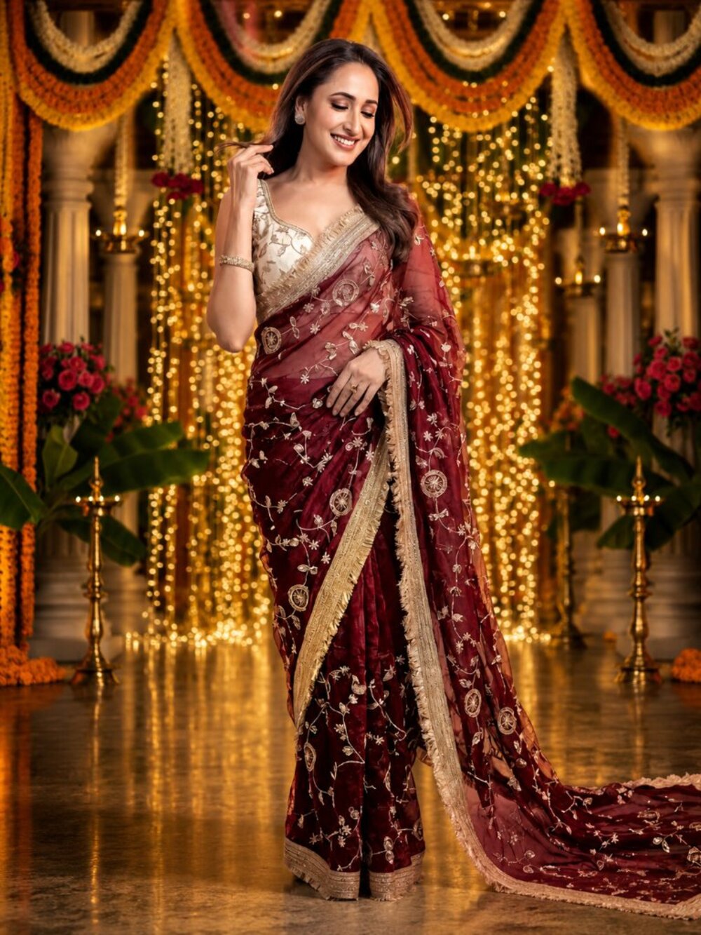 Satin Silk Saree with Maroon Embroidered Blouse Piece